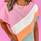 Pink Color Block Patchwork Seamed Crewneck T Shirt