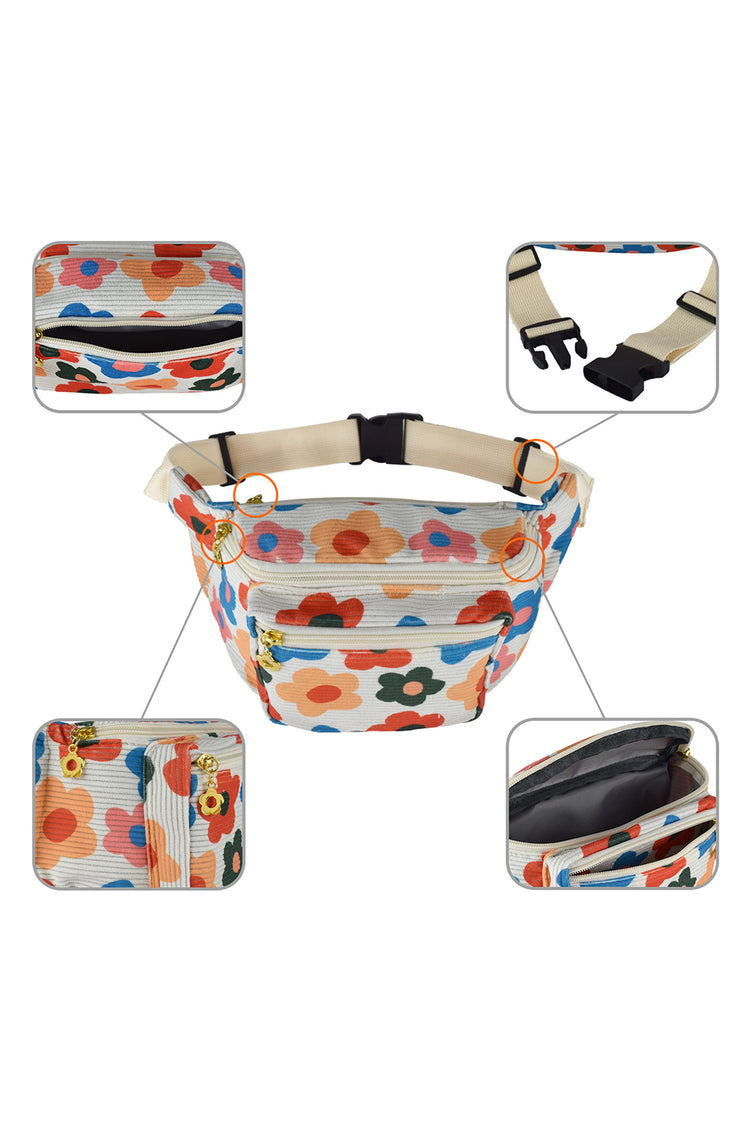 Khaki Colorful Flower Printed Rib Textured Waist Belt Bag