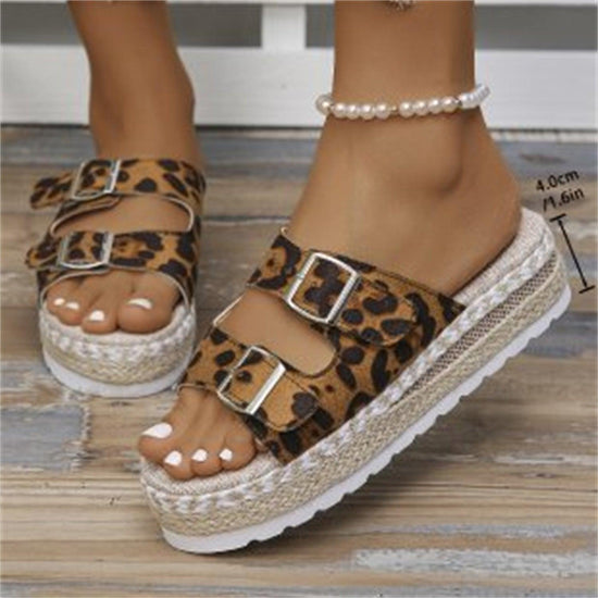 Summer Double Buckle Leopard Print Flat Sandals Hemp Thick-soled Sandals Seaside Vacation Beach Shoes For Women - Rebel K Collective