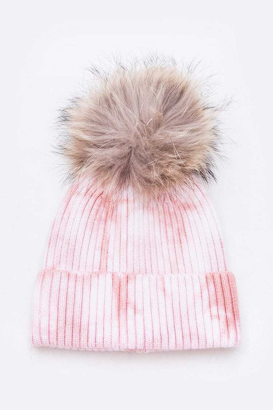 Raccoon Fur Pom Tie Dyed Cotton Blend Beanie