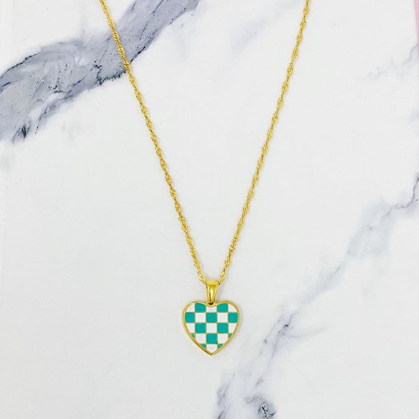 Checkered Heart Necklace - Turquoise