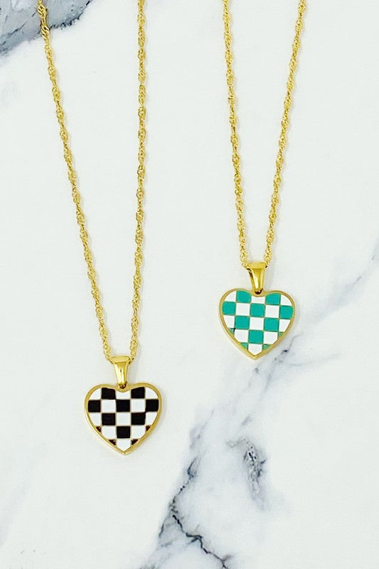 Checkered Heart Necklace - Turquoise