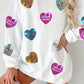 White Letter Print Heart Graphic Valentines Corded Crewneck Sweatshirt