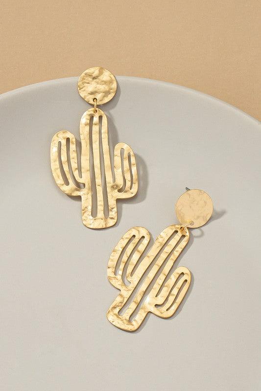 Hammered thin metal openwork cactus drop earrings - Rebel K Collective