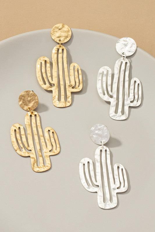 Hammered thin metal openwork cactus drop earrings - Rebel K Collective