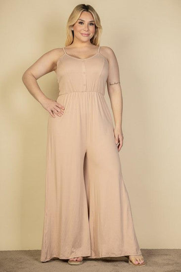 Plus Size Button Front Wide Leg Jumpsuit - Rebel K Collective