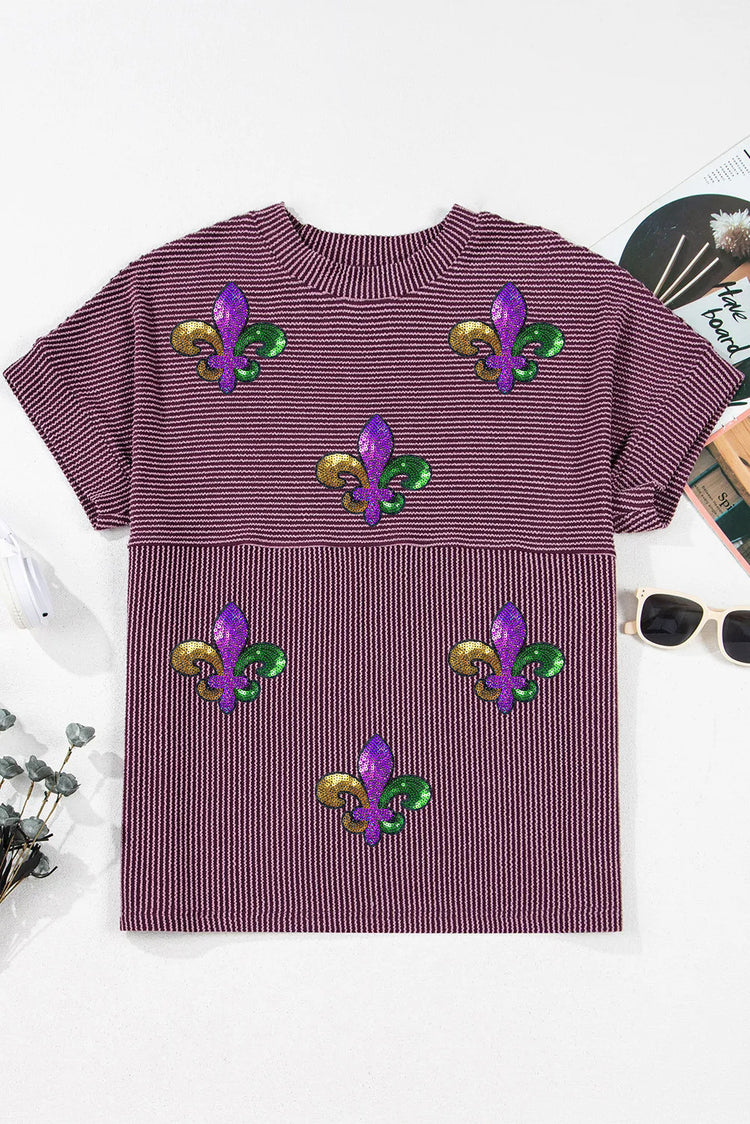 Toadstool Sequin Fleur de Lis Graphic Round Neck Ribbed T Shirt