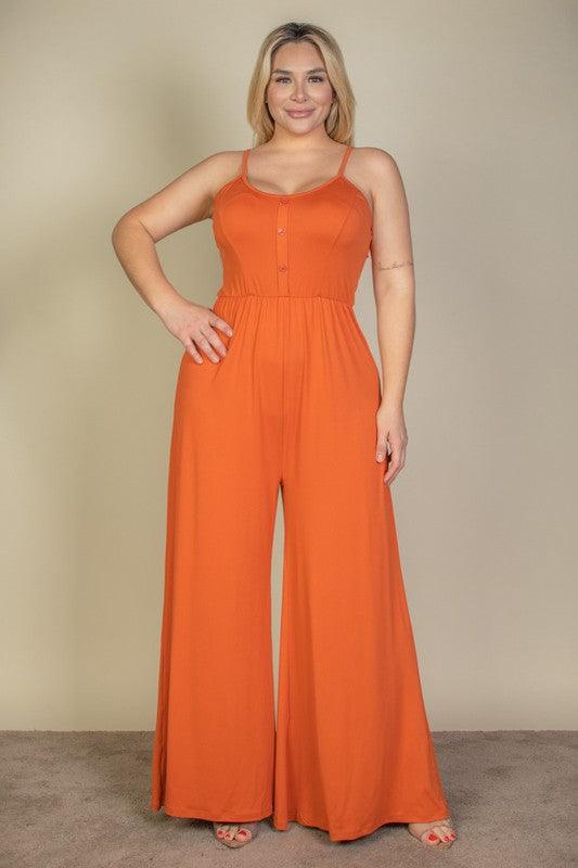 Plus Size Button Front Wide Leg Jumpsuit - Rebel K Collective