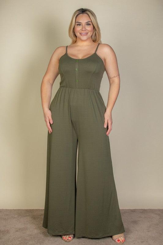 Plus Size Button Front Wide Leg Jumpsuit - Rebel K Collective