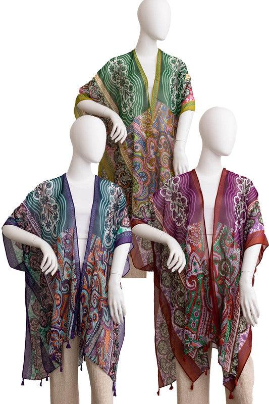 Paisley Print Open Front Kimono w/ Cinched Arms - Rebel K Collective