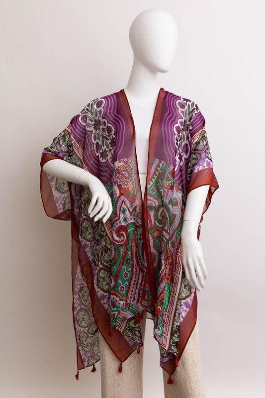 Paisley Print Open Front Kimono w/ Cinched Arms - Rebel K Collective