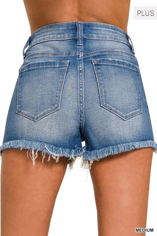 Plus Mid Rise Raw Frayed Hem Denim Shorts - Rebel K Collective