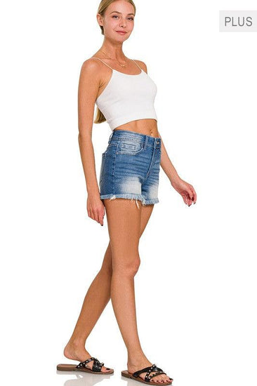 Plus Mid Rise Raw Frayed Hem Denim Shorts - Rebel K Collective