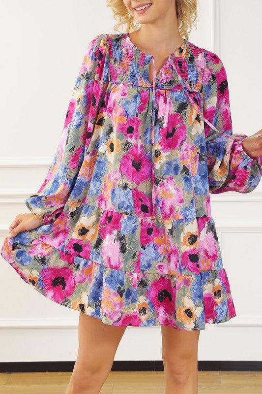 Women Floral Tie Neck Bubble Sleeve Shift Dress - Rebel K Collective