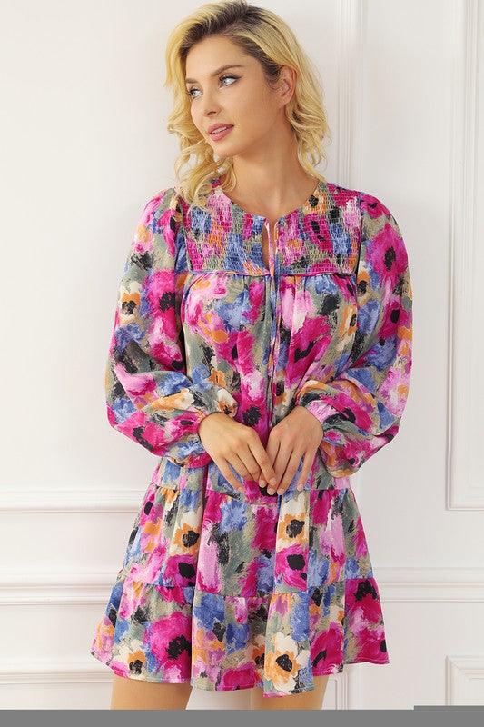 Women Floral Tie Neck Bubble Sleeve Shift Dress - Rebel K Collective