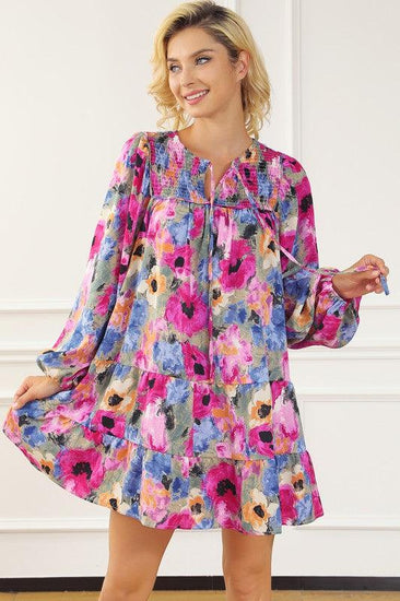 Women Floral Tie Neck Bubble Sleeve Shift Dress - Rebel K Collective