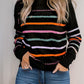 Colorful Striped Ribbed Trim Round Neck Sweater