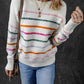 Colorful Striped Ribbed Trim Round Neck Sweater