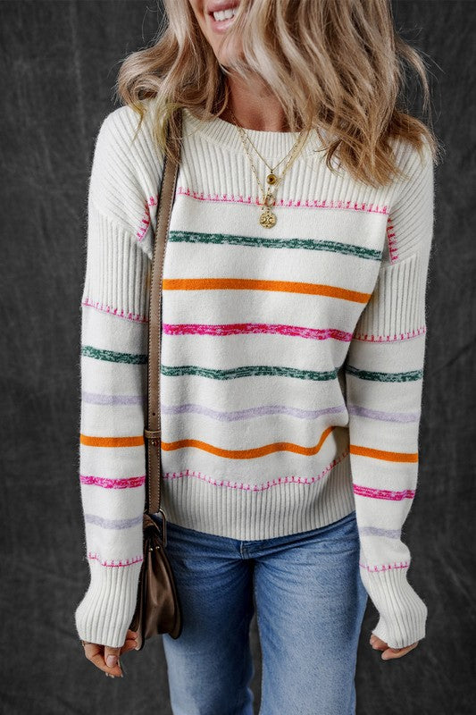 Colorful Striped Ribbed Trim Round Neck Sweater