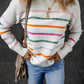 Colorful Striped Ribbed Trim Round Neck Sweater