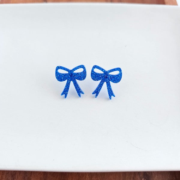 Bow Studs - Blue Glitter