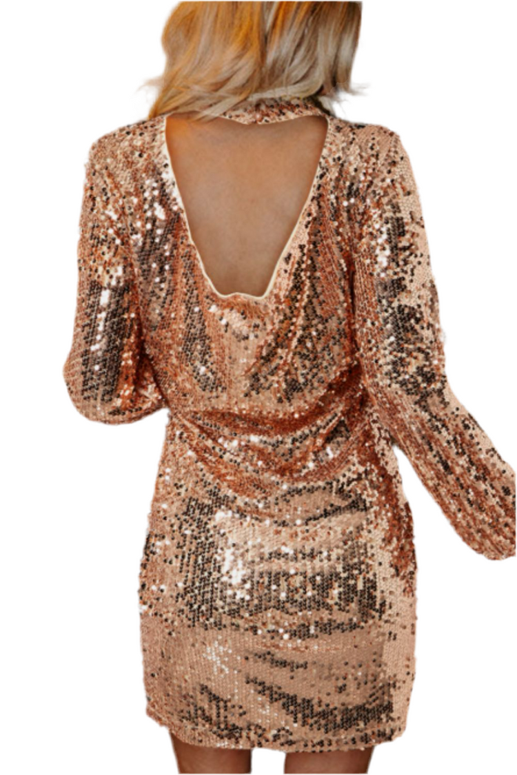 Backless Sequin Mock Neck Long Sleeve Mini Dress