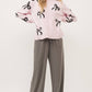 Light Pink Bow Print Long Sleeve Loose Fit Sweater