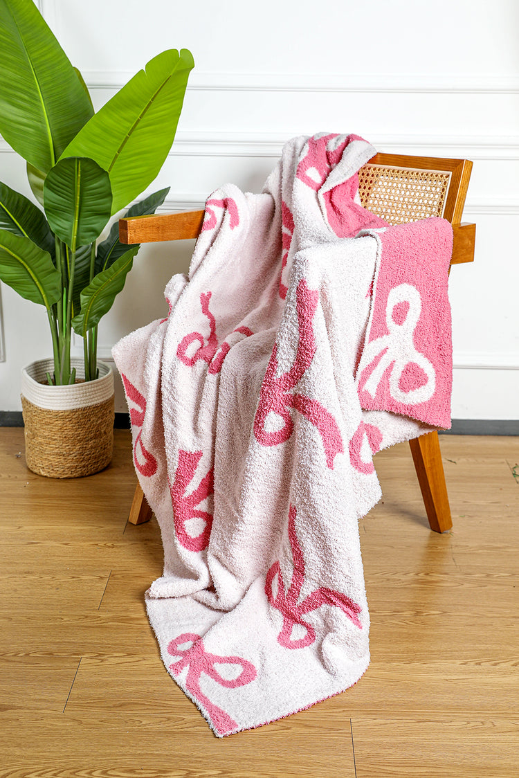 Pink 127*152cm Bow Printed Cozy Soft Throw Blanket