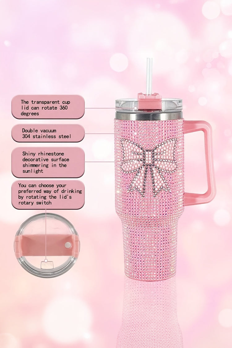 Pink Sweet Rhinestone Bow Tumbler Cup with Straw and Handle