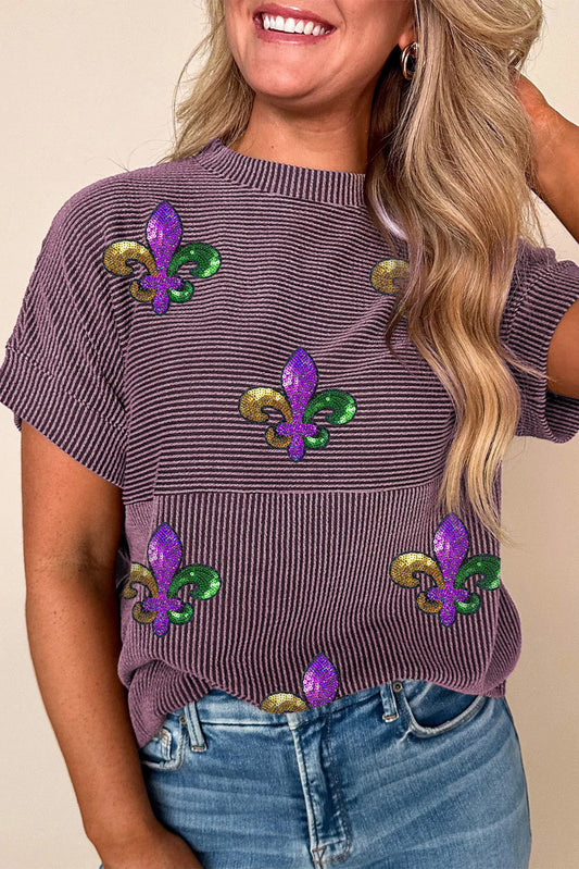 Toadstool Sequin Fleur de Lis Graphic Round Neck Ribbed T Shirt