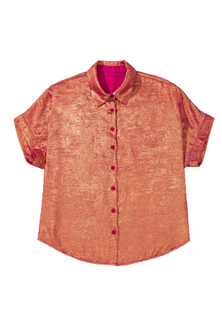 Rose Red Metallic Sheen Short Sleeve Plus Size Shirt