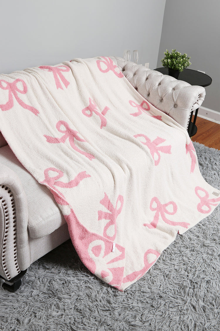 Pink 127*152cm Bow Printed Cozy Soft Throw Blanket