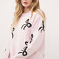 Light Pink Bow Print Long Sleeve Loose Fit Sweater