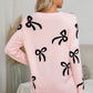 Light Pink Bow Print Long Sleeve Loose Fit Sweater