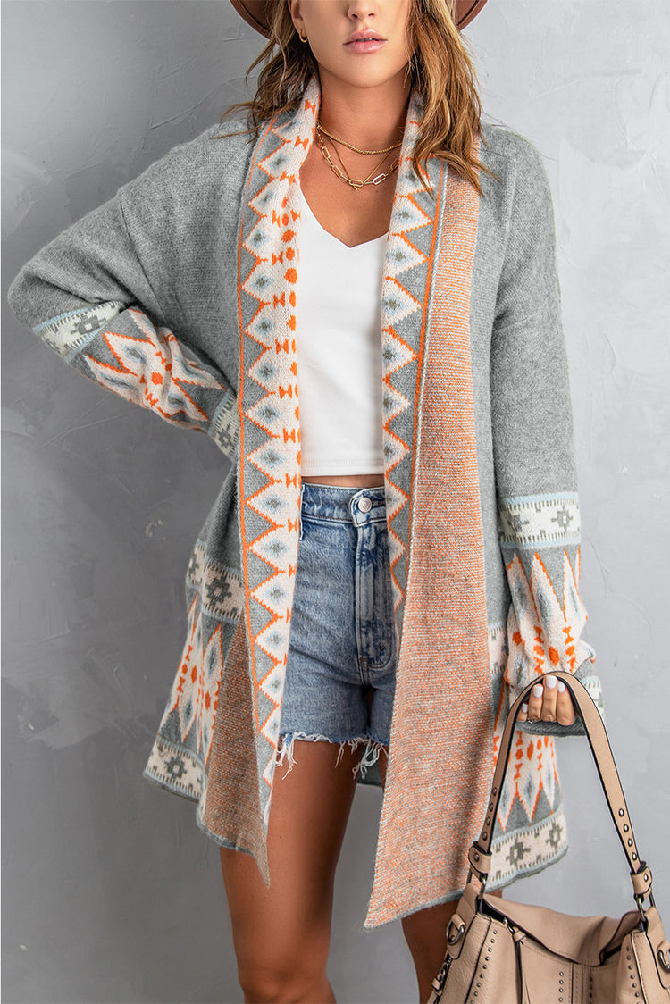 Geometric Open Front Long Sleeve Cardigan