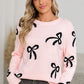 Light Pink Bow Print Long Sleeve Loose Fit Sweater