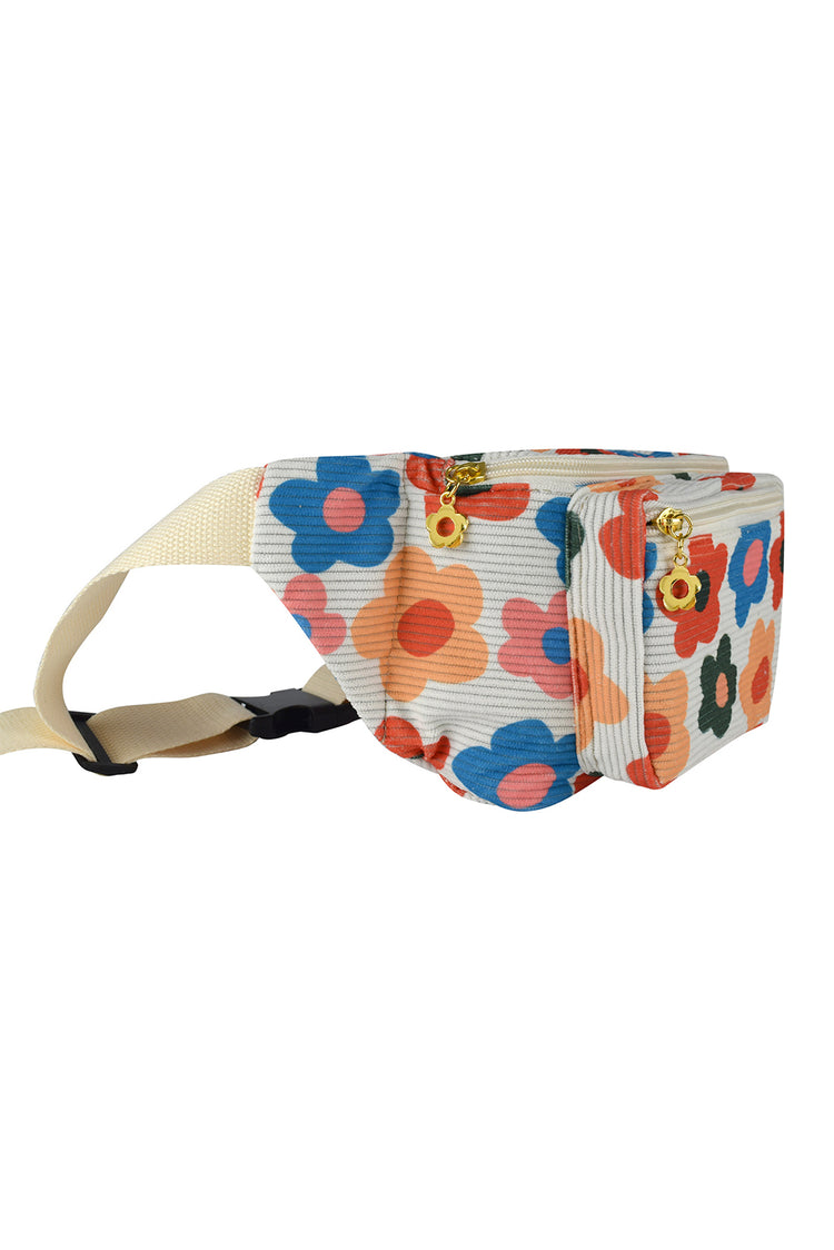 Khaki Colorful Flower Printed Rib Textured Waist Belt Bag