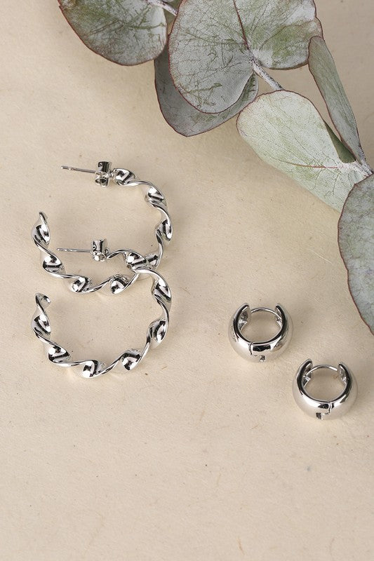 Twisted hoop earring and bold earring set - silver