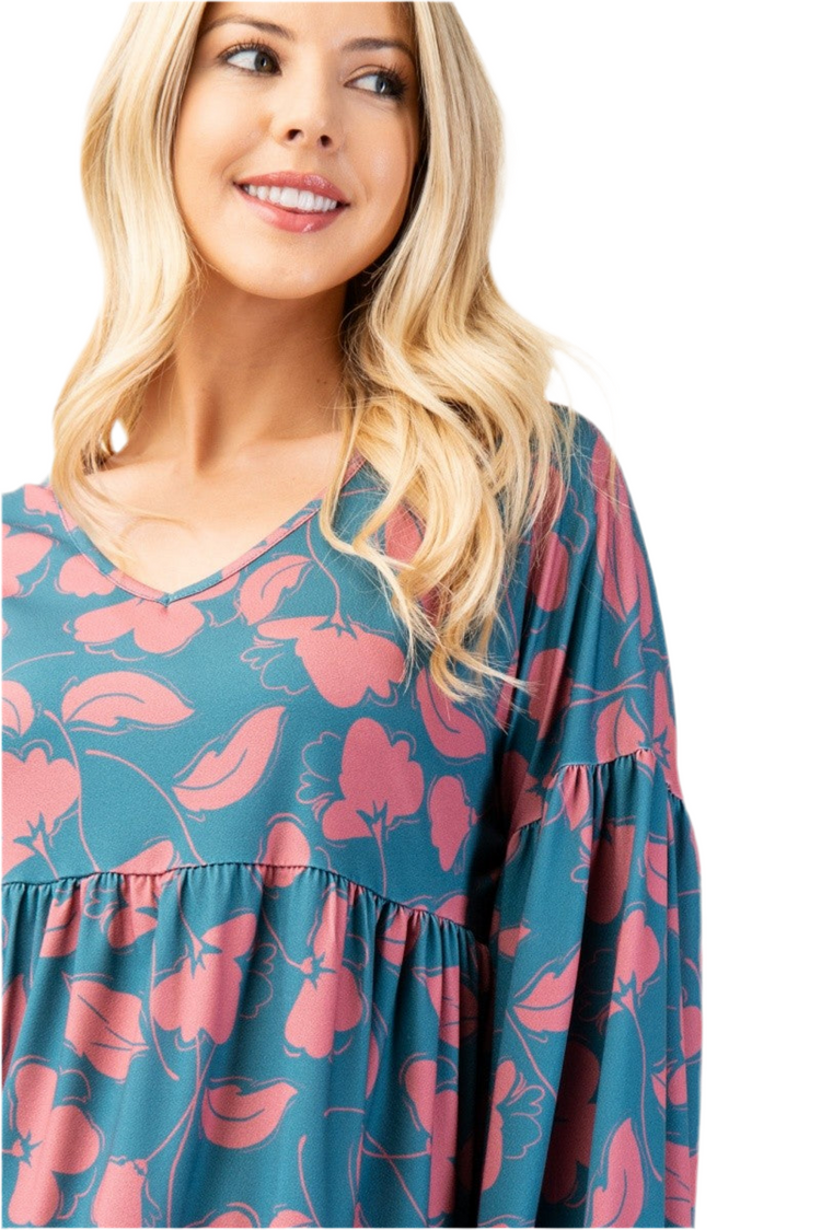 Celeste Full Size Tiered Floral V-Neck Long Sleeve Blouse