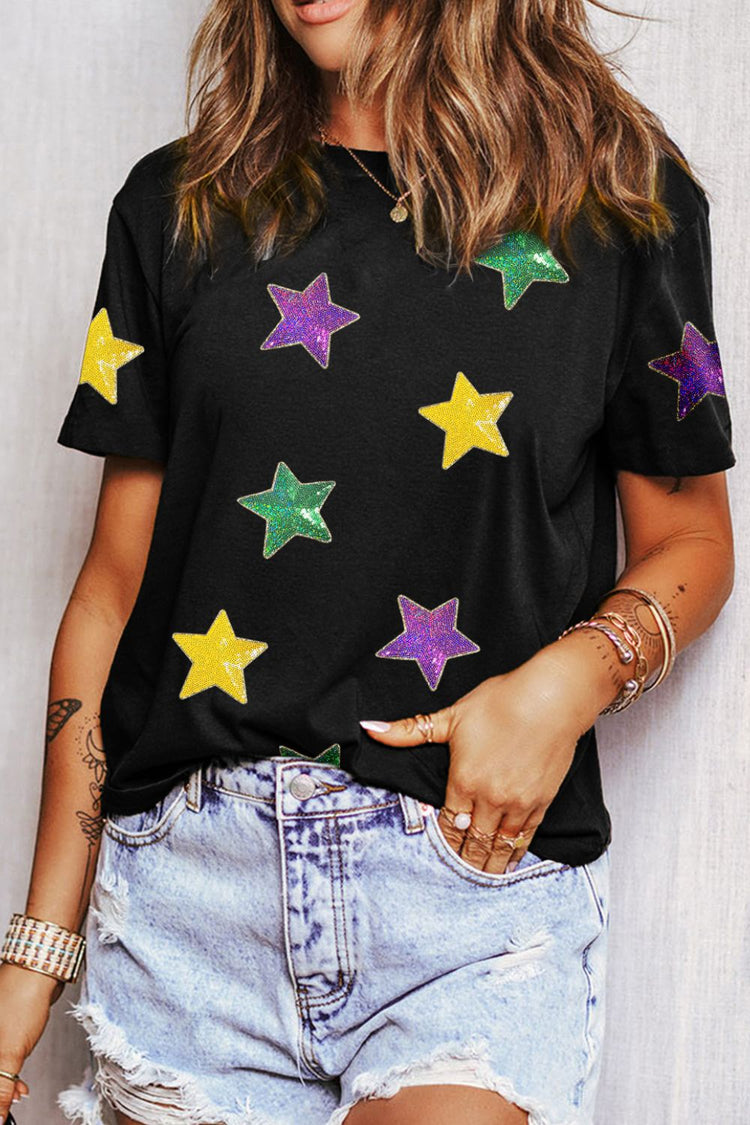 Sequin Stars Patched Round Neck T-Shirt