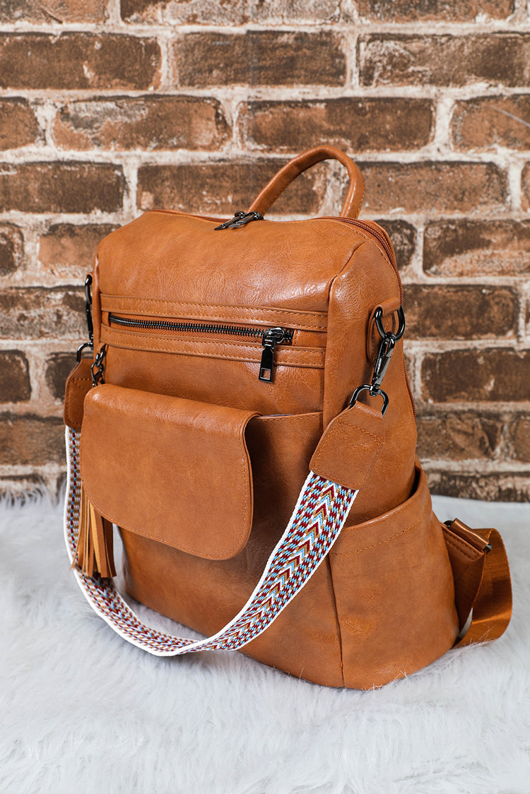 Dark Brown Tassel Decor Retro PU Large Capacity Backpack