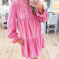 Strawberry Pink Flounce Sleeve Tiered Ruffled Velvet Mini Dress