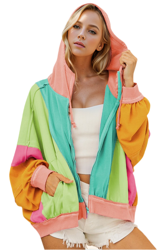 Double Take Full Size Color Block Zip Up Hoodie