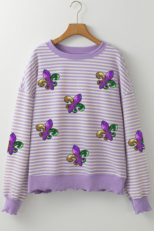 Purple Stripe Sequin Fleur De Lis Patched Drop Shoulder Graphic Top