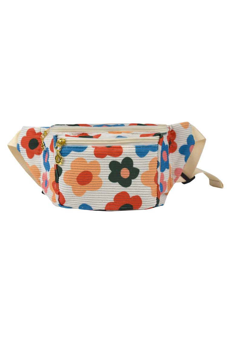 Khaki Colorful Flower Printed Rib Textured Waist Belt Bag