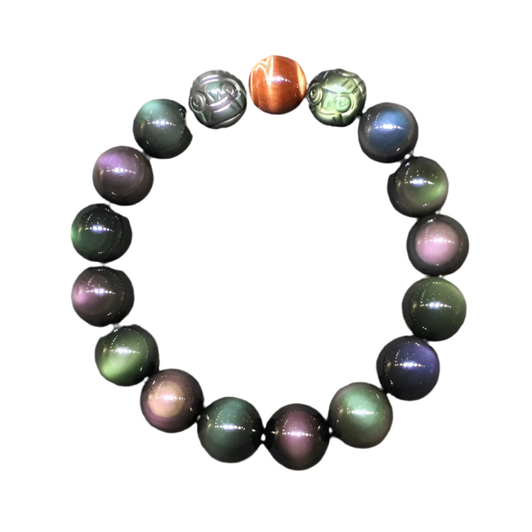 Natural Double Rainbow Obsidian Carved Pixiu Bracelet