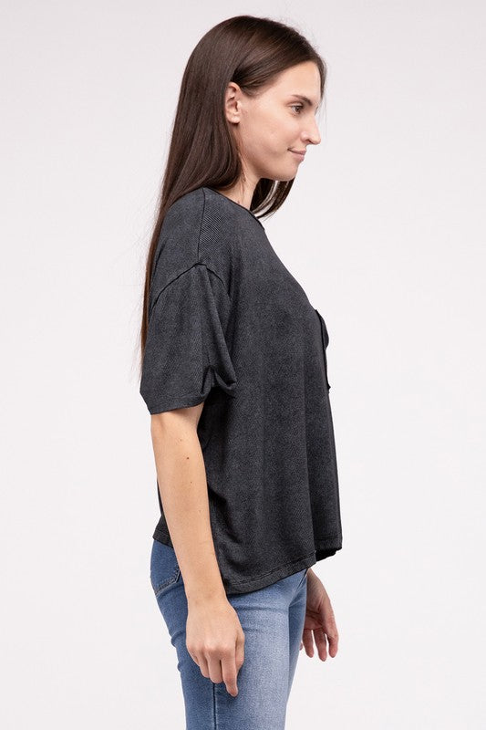 Washed Ribbed Cuffed Short Sleeve Round Neck Top