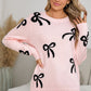 Light Pink Bow Print Long Sleeve Loose Fit Sweater