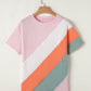 Pink Color Block Patchwork Seamed Crewneck T Shirt