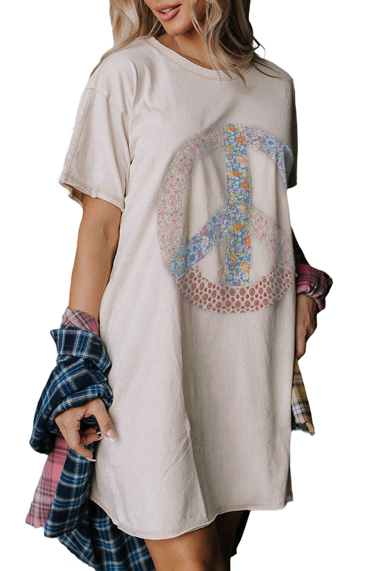 White Floral Peace Sign Graphic T Shirt Dress